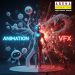 "Arena Animation Vijay Nagar, Indore promotional image comparing Animation vs. VFX courses. The graphic visually depicts the difference between creative 3D character animation (blue side) and explosive visual effects (red side) with a central 3D character model."