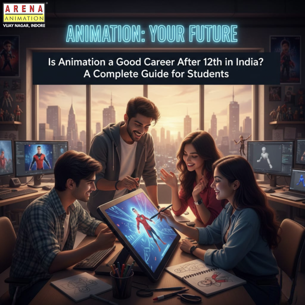 : A group of diverse Indian students collaborating on a digital animation project using tablets and computers in a modern studio with a city skyline view.