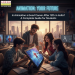 : A group of diverse Indian students collaborating on a digital animation project using tablets and computers in a modern studio with a city skyline view.