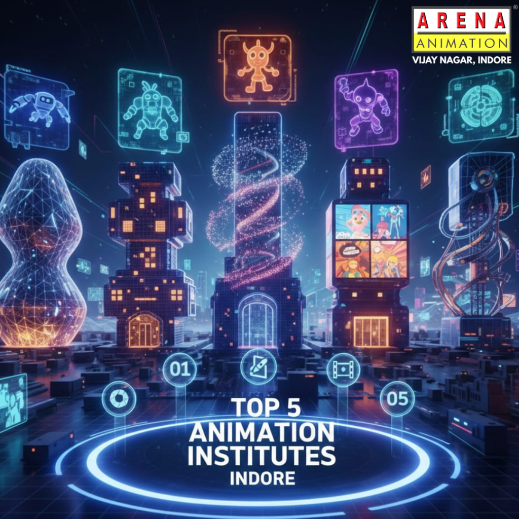 "A futuristic 3D illustration representing the top 5 animation institutes in Indore. The image features five glowing, high-tech towers adorned with neon holographic characters and wireframe models. A central illuminated platform in the foreground displays the text 'TOP 5 ANIMATION INSTITUTES INDORE' set against a vibrant, cyber-city background."