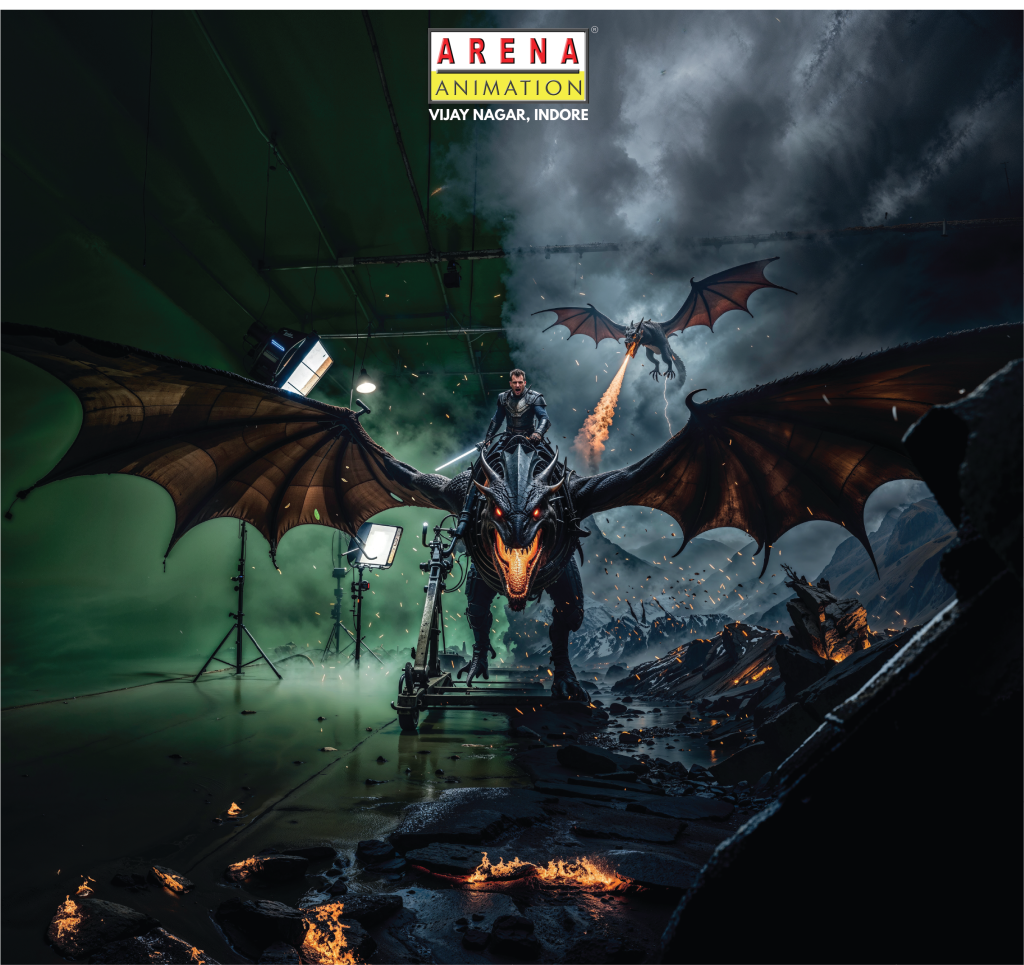 This image showcases a cinematic VFX scene featuring a realistic CGI dragon created using green screen technology, advanced lighting, and compositing techniques. The scene represents professional-level visual effects training offered at Arena Animation Vijay Nagar, Indore, where students learn CGI modeling, VFX compositing, lighting, and post-production workflows used in films, OTT platforms, and gaming industries.