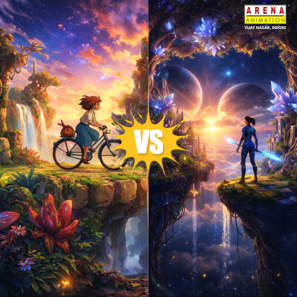 A split-screen graphic with a central yellow "VS" icon. The left panel shows a hand-drawn anime illustration of a young woman riding a bicycle through a sunlit, overgrown fantasy landscape with waterfalls. The right panel is a 3D digital rendering of a futuristic female figure on a floating island with glowing blue crystals, overlooking cosmic planets at sunrise. The "ARENA ANIMATION VIJAY NAGAR, INDORE" logo is in the top right corner.