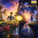 A split-screen graphic with a central yellow "VS" icon. The left panel shows a hand-drawn anime illustration of a young woman riding a bicycle through a sunlit, overgrown fantasy landscape with waterfalls. The right panel is a 3D digital rendering of a futuristic female figure on a floating island with glowing blue crystals, overlooking cosmic planets at sunrise. The "ARENA ANIMATION VIJAY NAGAR, INDORE" logo is in the top right corner.