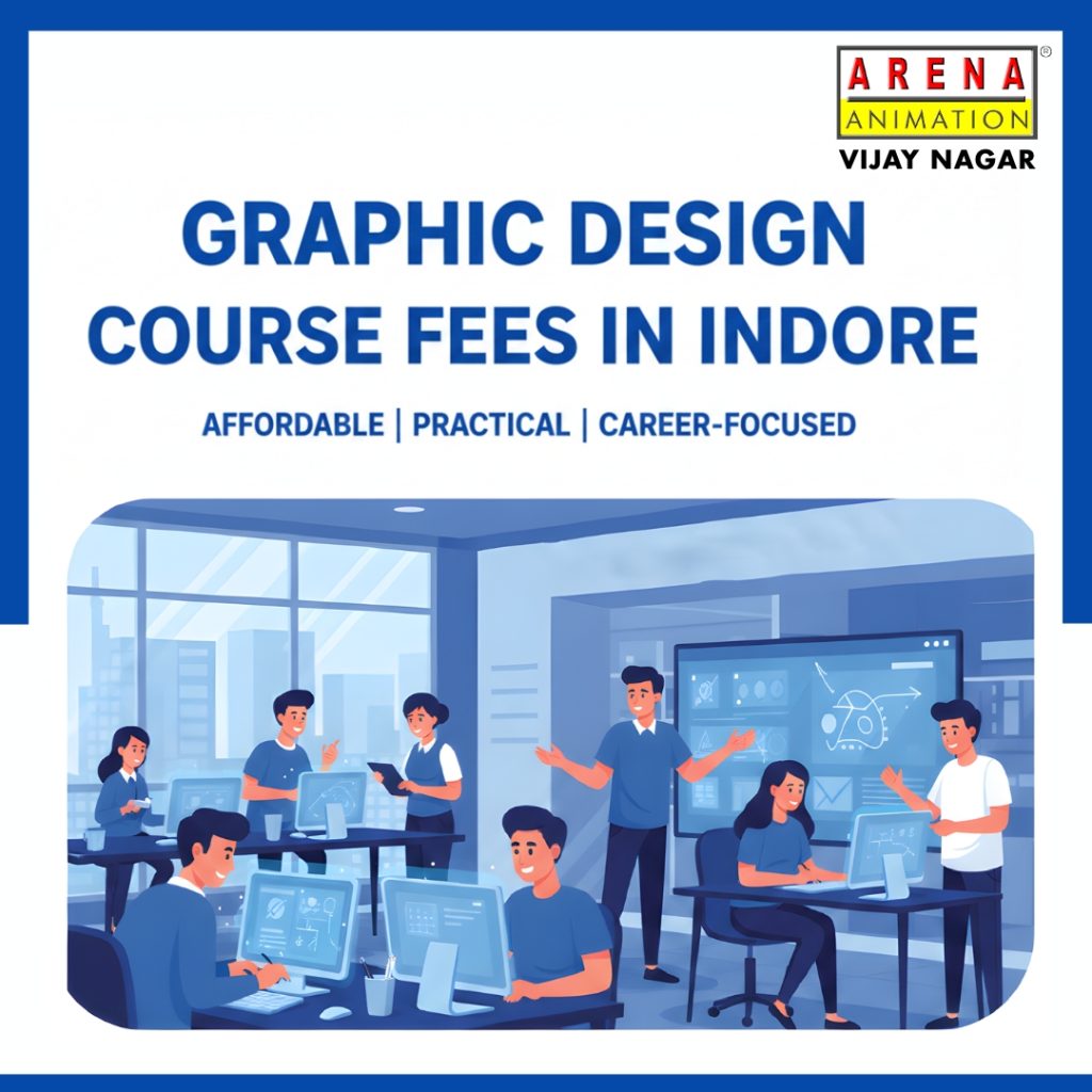 Graphic design students learning in a professional classroom at Arena Animation Vijay Nagar Indore with practical training and industry tools