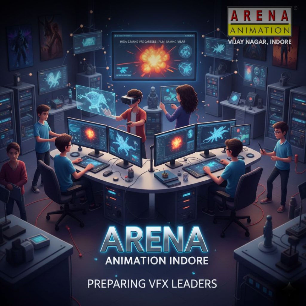Arena Animation Indore students training in high-demand VFX skills using industry tools at Vijay Nagar campus